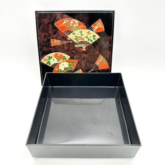 Vintage Otagiri Original Lacquerware Box Faux Lacquer Black with Fans Flowers - Picture 8 of 13